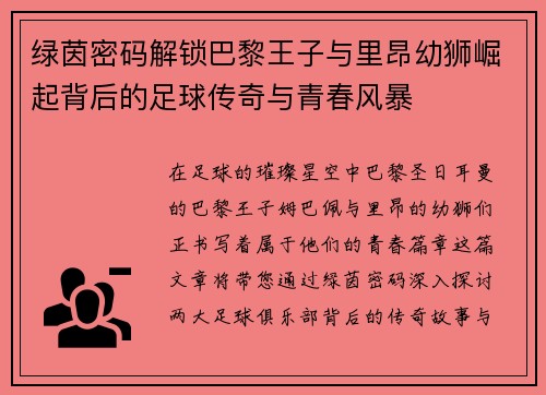 绿茵密码解锁巴黎王子与里昂幼狮崛起背后的足球传奇与青春风暴