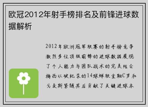欧冠2012年射手榜排名及前锋进球数据解析