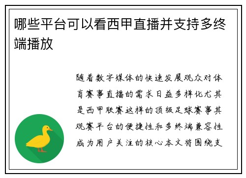 哪些平台可以看西甲直播并支持多终端播放
