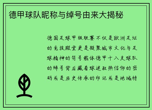 德甲球队昵称与绰号由来大揭秘